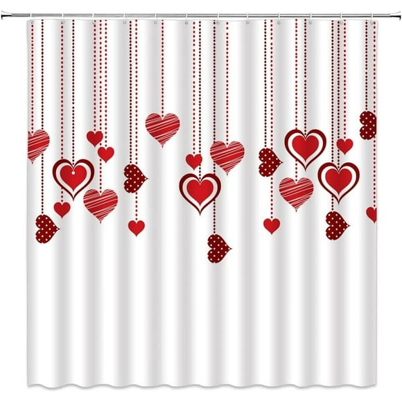 Petit Rideau de Douche, Saint-Valentin Cœur Rouge Géométrique Rayé Pois Amour Romantique Doux pour Fille Femme RV Salle de Bain Décoration Maison avec Crochets, 36 Pouces L X 70 H