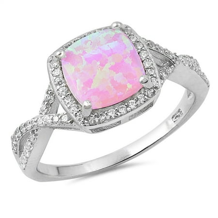 CHOOSE YOUR COLOR Infinity Clear CZ Pink Simulated Opal Halo Ring .925 Sterling Silver
