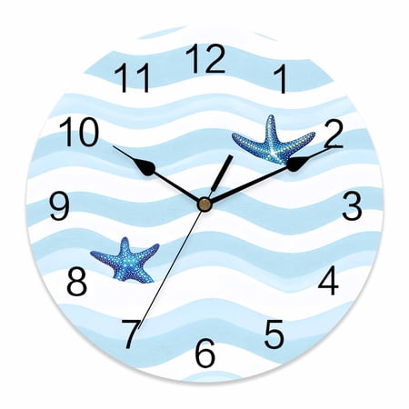 14 Inch Abstract Ocean Waves Wall Clock, Nautical Starfish Blue White Stripes Battery Operated Silent Non Ticking Clocks, Easy to Read Round Wall Clock for Kitchen/Living Room/Bedroom/Bathroom