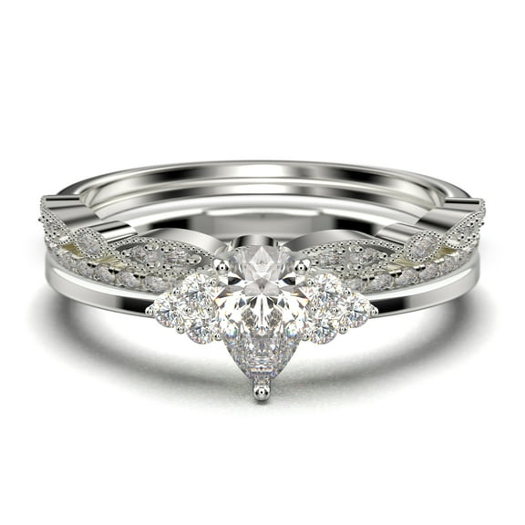 Dazzling Minimalist 2.25 Carat Pear Cut Affordable Ring, Diamond Moissanite Engagement Ring, Unique Wedding Ring, Two Matching Band in 10k Solid White Gold, Gift For Her, Trio Set