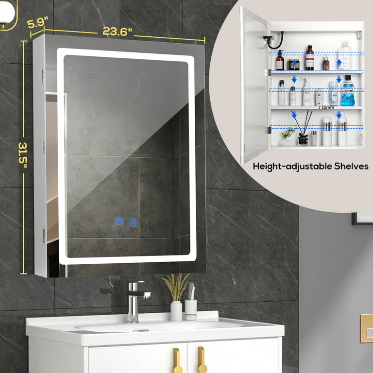 Medicine Cabinet with LED Mirror for Bathroom Anti-Fog Lighted Medicine Cabinet, Wall Mounted (24 inch32 inch), Size: 24 x 32, White