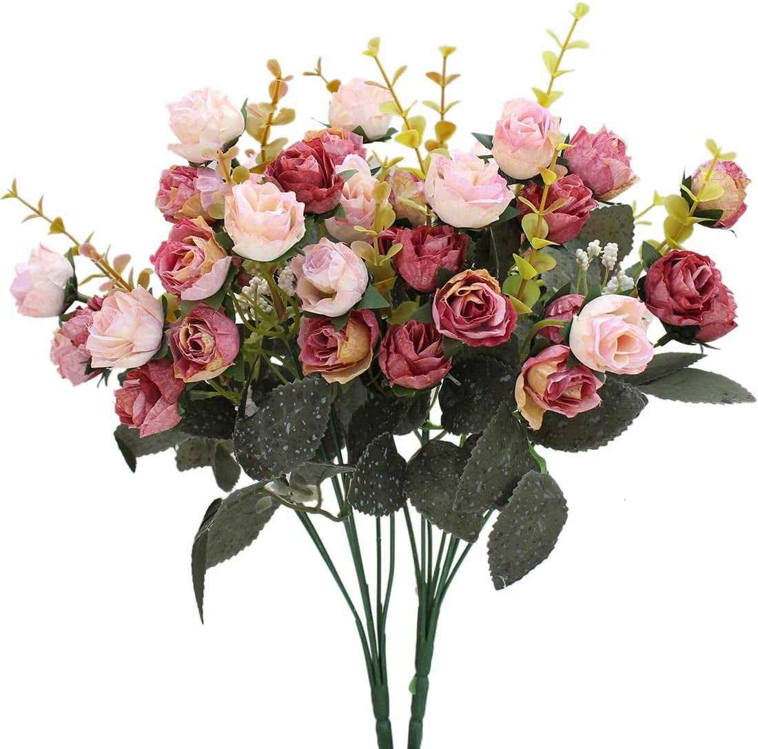 Coolmade 7 Branch 21 Heads Artificial Silk Fake Flowers Leaf Rose Bouquet Pack Of 2 Pink