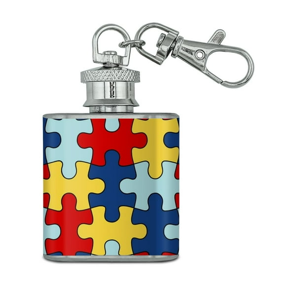 Autism Awareness Diversity Puzzle Pieces Stainless Steel 1oz Mini Flask Key Chain