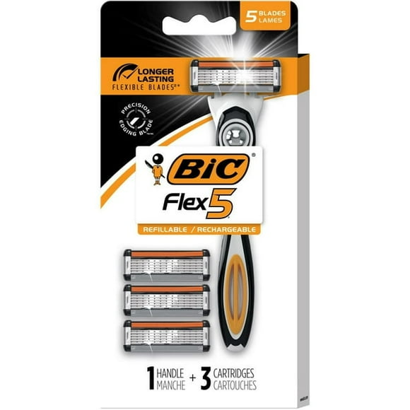 BIC Flex 5 Rasoirs Rechargeables pour Hommes, Rasoirs à 5 Lames Durables pour un Rasage Doux et Confortable, 1 Manche et 3 Cartouches, Ensemble de Rasage 4 Pcs, Ensemble de Rasage 4 Pcs