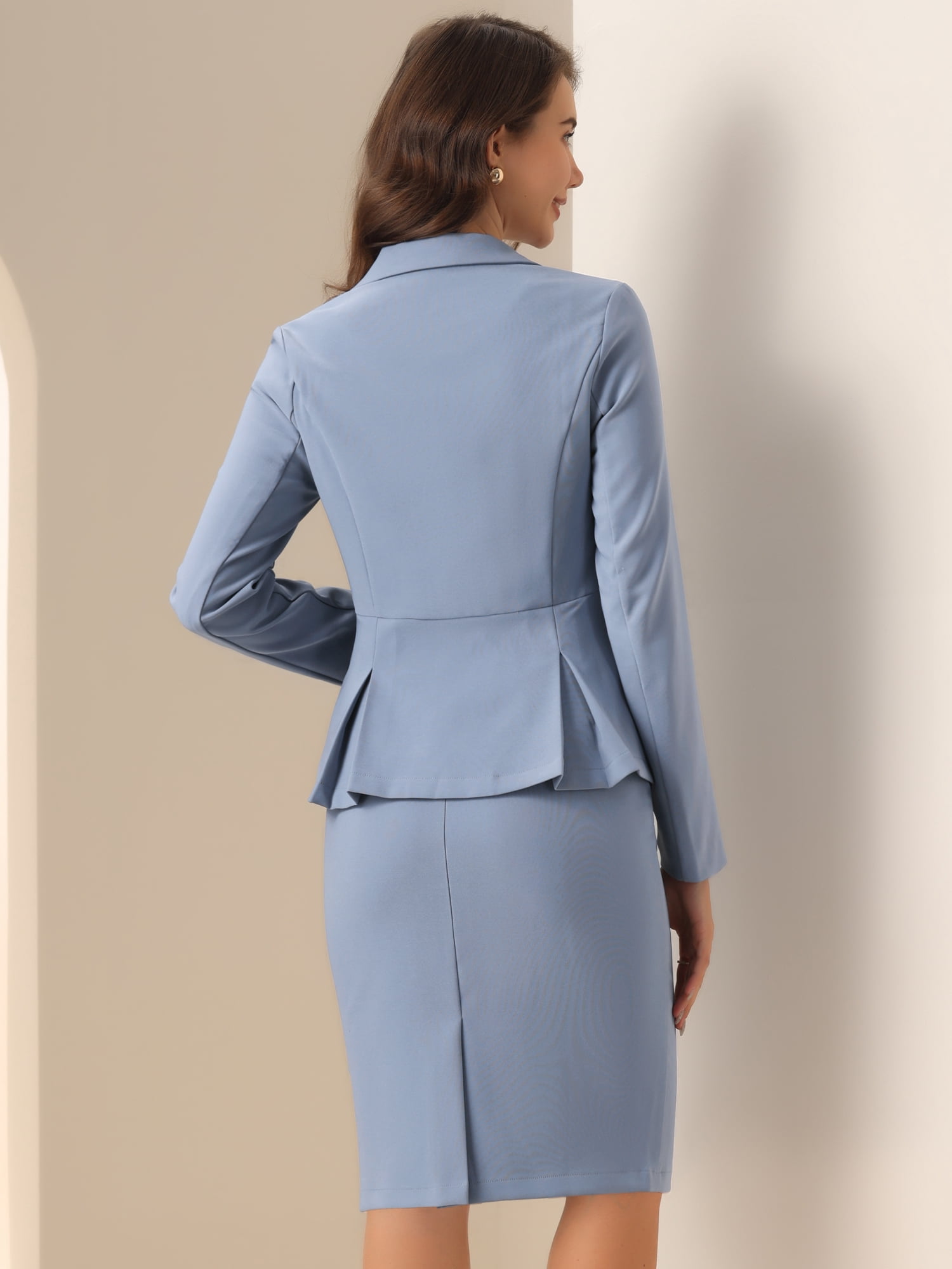 DARING DIVA Women's Peplum Blazer Pencil Skirt 2 Pcs Suit Set M Gray Blue