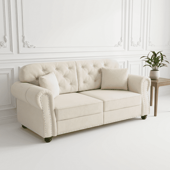 63" Velvet Fabric Comfy Loveseat, 2 Seater Couch with Rolled Arms, Loveseat Sofa Couch with Nailhead Trim for Living Room, Beige White