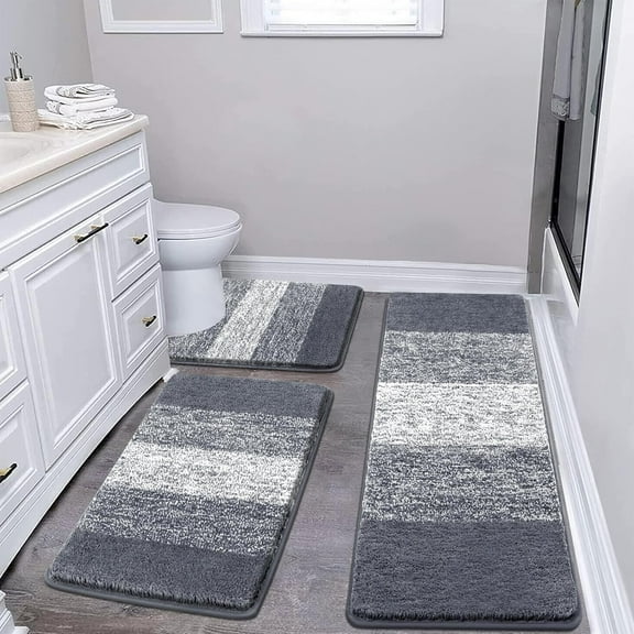 3 Piece Bath Mat Set, Non Slip Plush Bathroom Rugs, Absorbent Shaggy Bathroom Rug Set with U-Shaped Contour Toilet Mat for Laundry Room Bedroom Living Room, Dark Grey