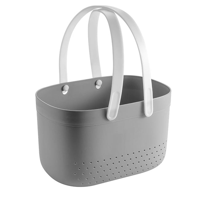 Cesta de ducha portátil con orificios de ventilación, cesta de almacenamiento portátil de plástico de gran capacidad con asas para baño, color gris.