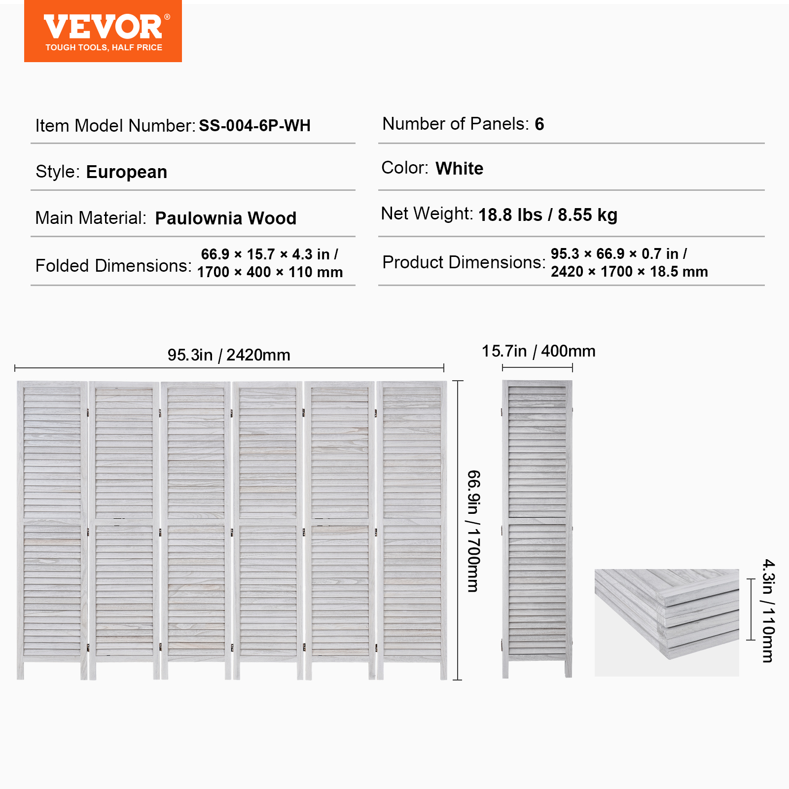 VEVOR Wood Room Divider, 6 Panel Wood Folding Privacy Screen, 66.9 Inches&nbsp;Tall Indoor Louvered Wooden Partition, Portable Decoration Screen, for Room Separation,&nbsp;Home