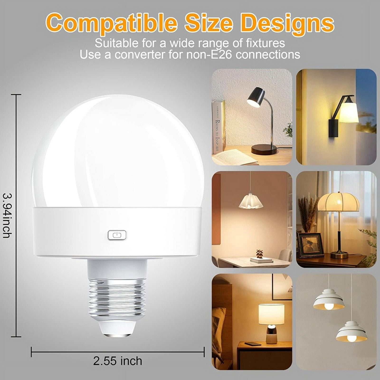 2X Rechargeable Battery Operated Light Bulbs, 300LM E26 Screw in Light Bulb for Lamps with Remote Control Dimmable&