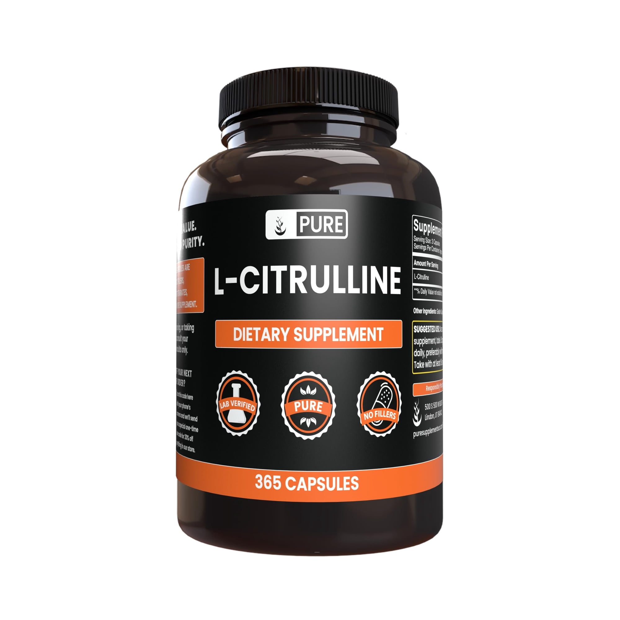 Pure Original Ingredients L-Citrulline 365 Capsules No Magnesium Or Rice Fillers, Always Pure, Lab Verified