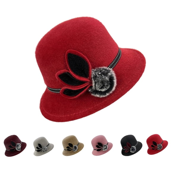 Vintage Cloche Bucket Bowler Hat Women Church Wedding Fascinator Dress Hat Winter Fedora, Red