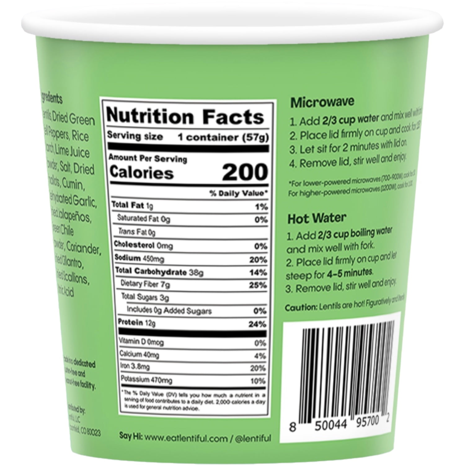 Lentiful Mexican Green Chile Instant Lentils - Vegan, Gluten-Free, Ready-to-Eat, Meal in Cup, 57g