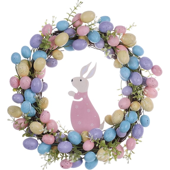 JEWLALO Easter Wreaths for Front Door, 15" Easter Wreath Colorful Artificial Egg Wreath with Wooden Rabbit for Indoor Outdoor Holiday Celebration Decorations