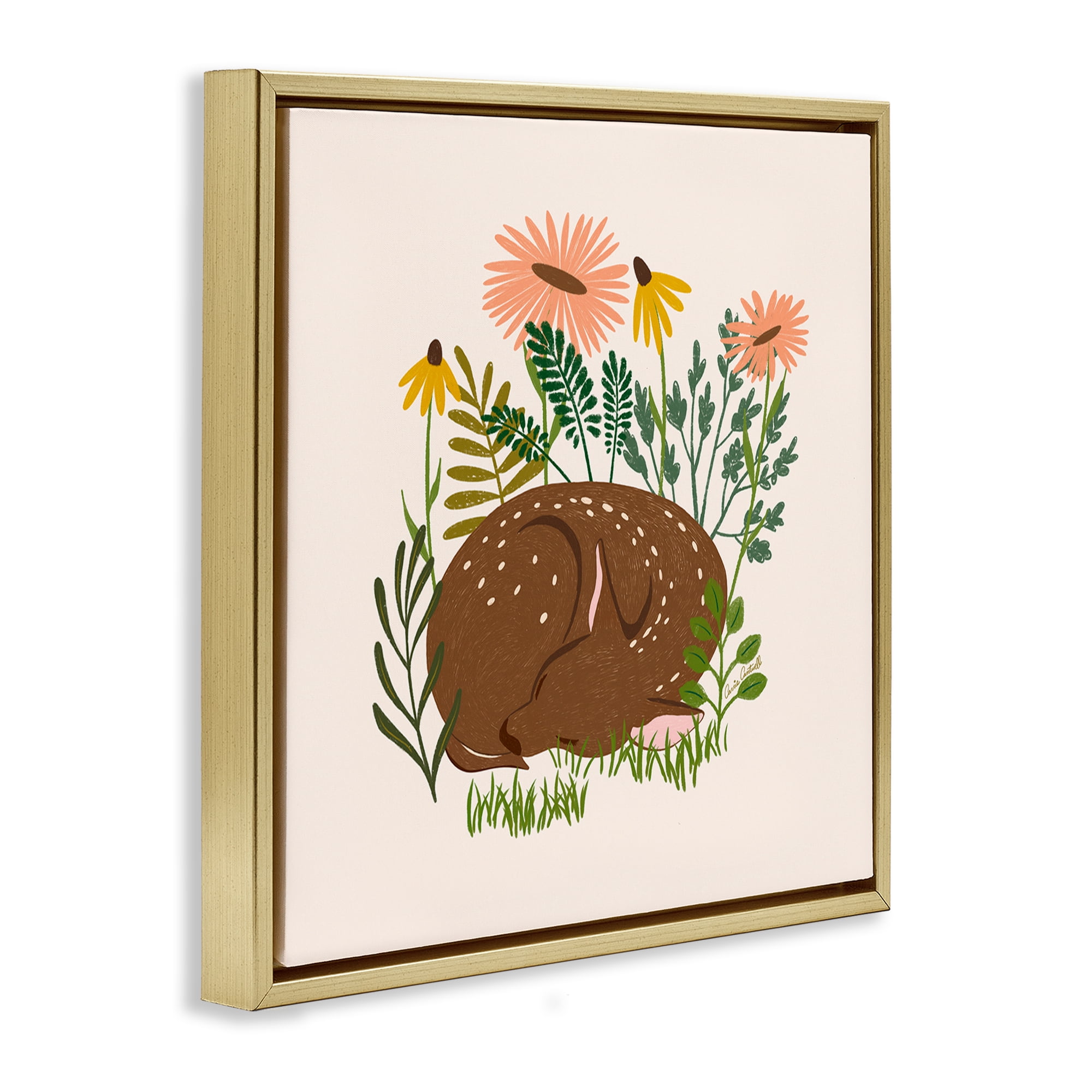 Stupell Industries Sleeping Deer Among Daisies Animals Painting Gold Floater Framed Canvas Art Print Wall Art, 25 x 25