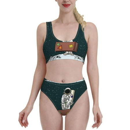 Bixox Astronaut Traveler with Suitcase Pattern Two-Piece Sports Bikini with U-Shaped Top and High-Waist Bottom - Women s Swimwear with Removable Bra Pads