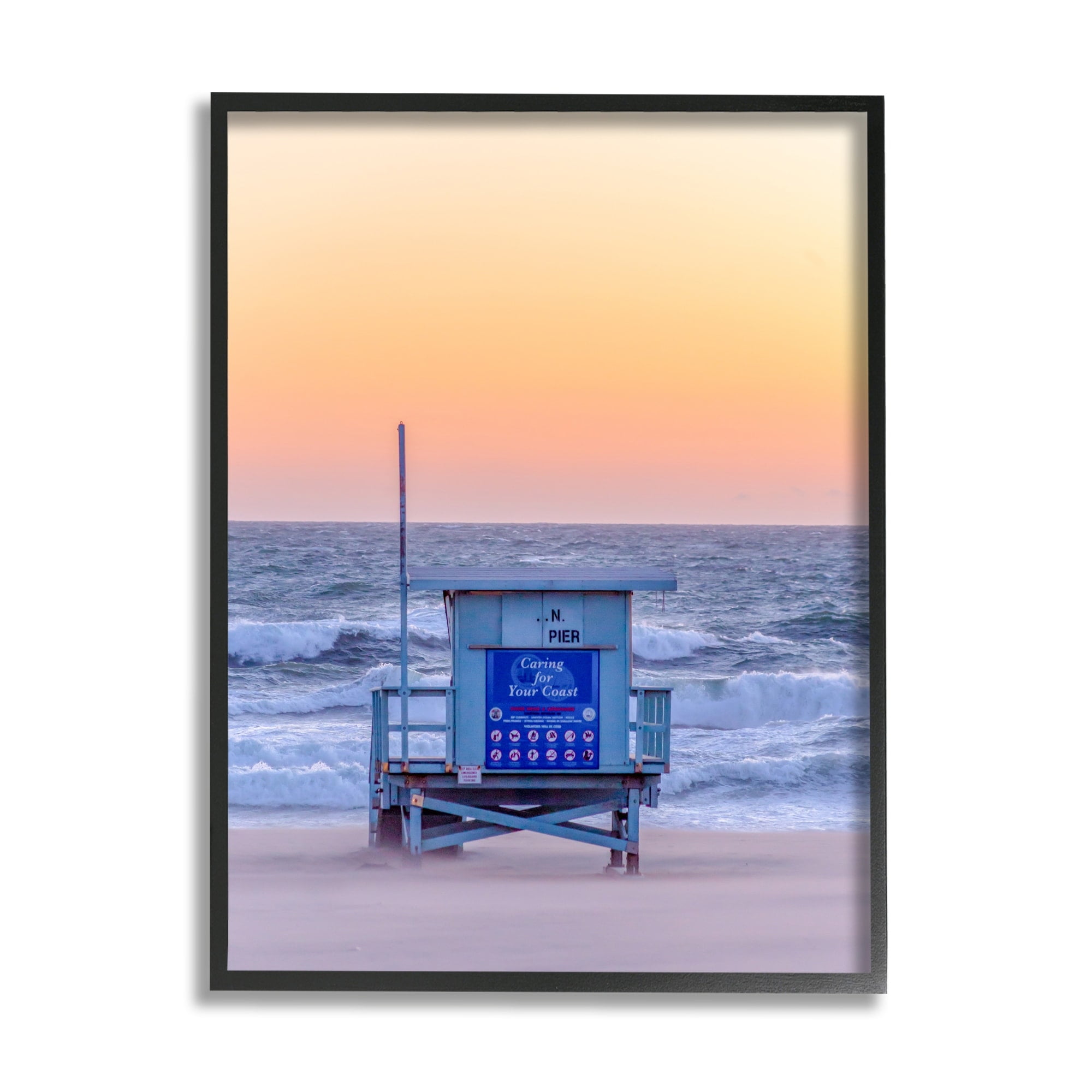 Stupell Industries Tranquil Orange Sunset Beach Hut Ocean Shore Photograph Black Framed Art Print Wall Art, Design by Jeff Poe