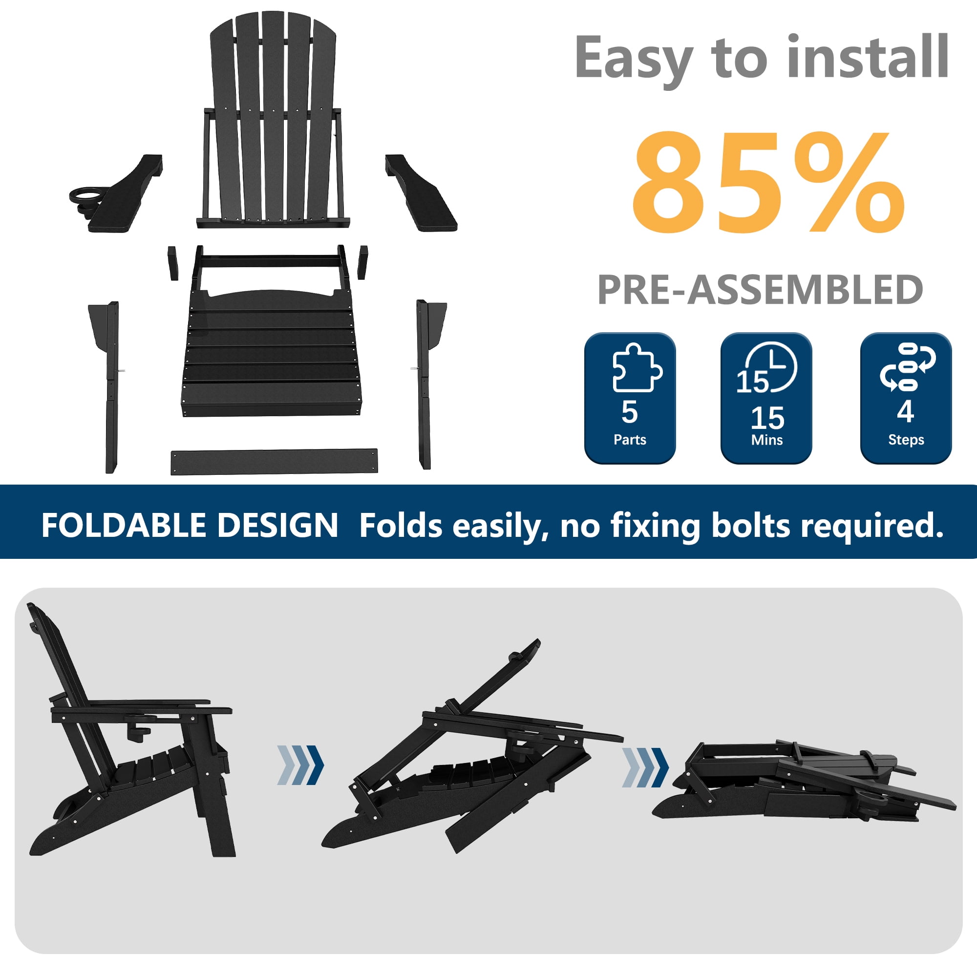 FOOWIN HDPE Folding Adirondack Chair with Cup Holder, Fire Pit Chairs Set of 2, Black