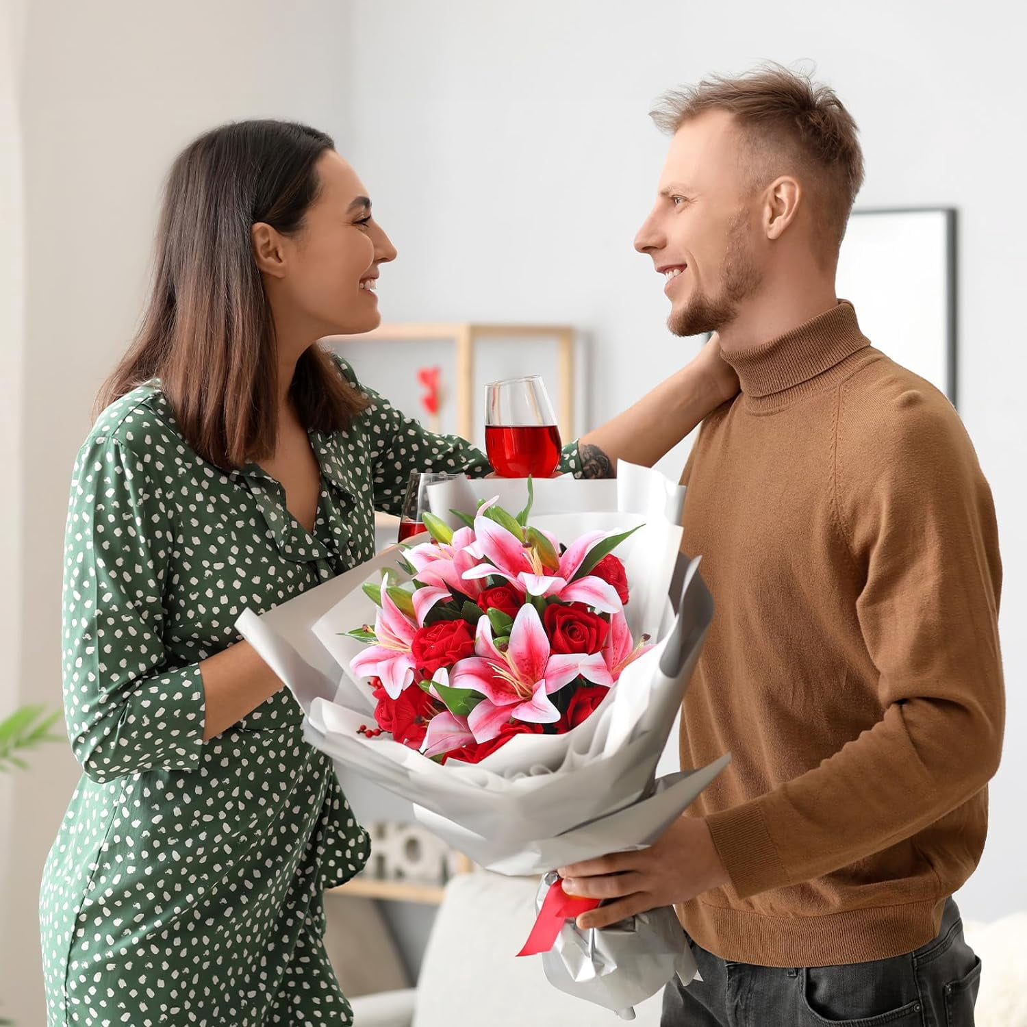 PINSAI Artificial Flowers Velvet Realistic Red Roses and Latex Lilies Flowers Bouquet Decorations Flower Arrangements for Mother's Day Wedding Party Bouquet Table