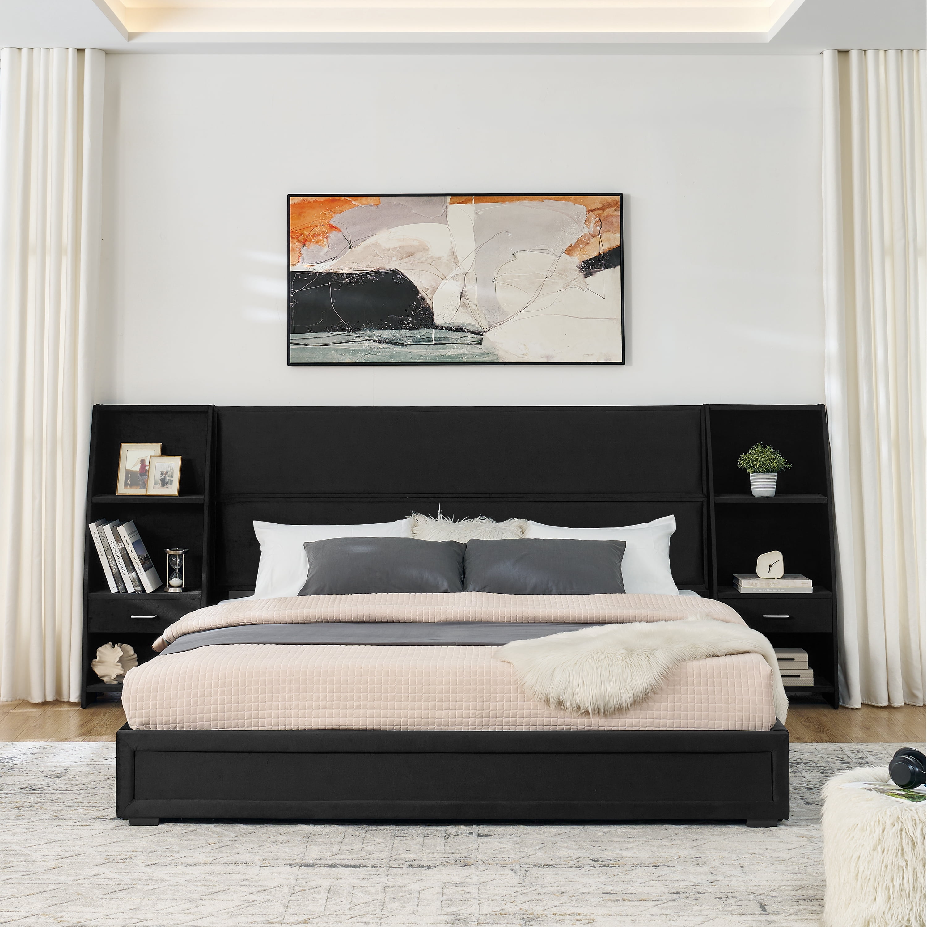 King Size Platform Bed Frame with Glossy Velvet Headboard, Side Bookcases & Drawer