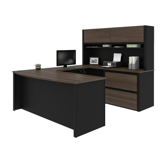 Bestar Connexion 6 Piece U Shaped Computer Desk with Hutch in Antigua and Black