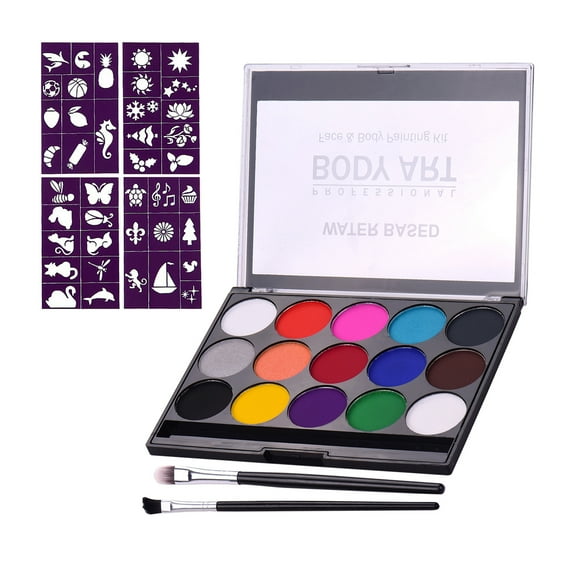 Graflsoa 15-Color Water-Soluble Body Paint Kit with 2 Brushes & 4 Purple Stencil Designs, Safe for Skin, Compact & Portable