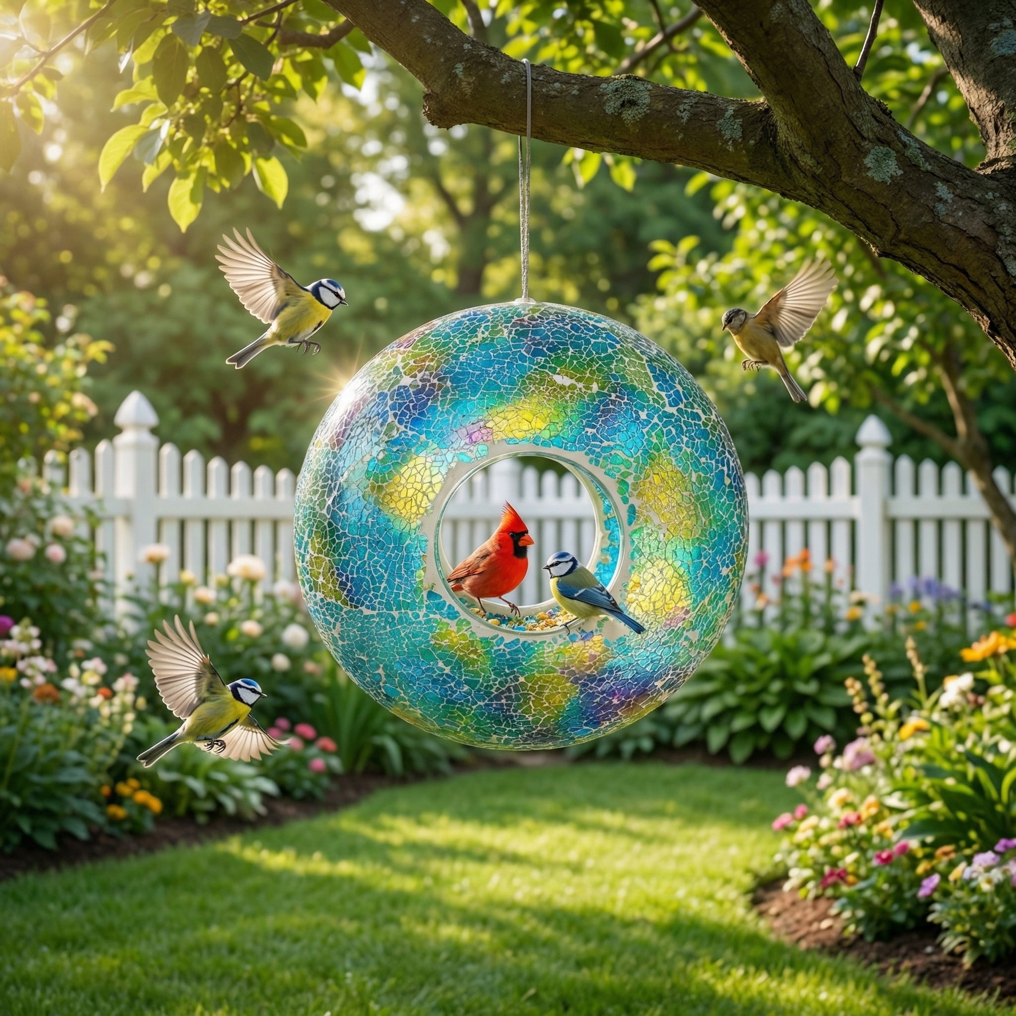 Topadorn Mosaic Glass Hanging Bird Feeder, 9 Inch, Fly-Through Design for Cardinals, Finches & Wild Birds, Blue and Green, Garden Yard Decoration