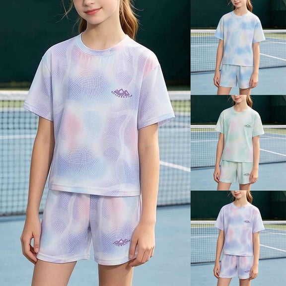 oelaio Girls Summer Outfits, Toddler Kid 2 Piece Tie Dye Clothes, Quick Dry Athletic T-Shirt and Shorts Set with Pockets Green 12 Years