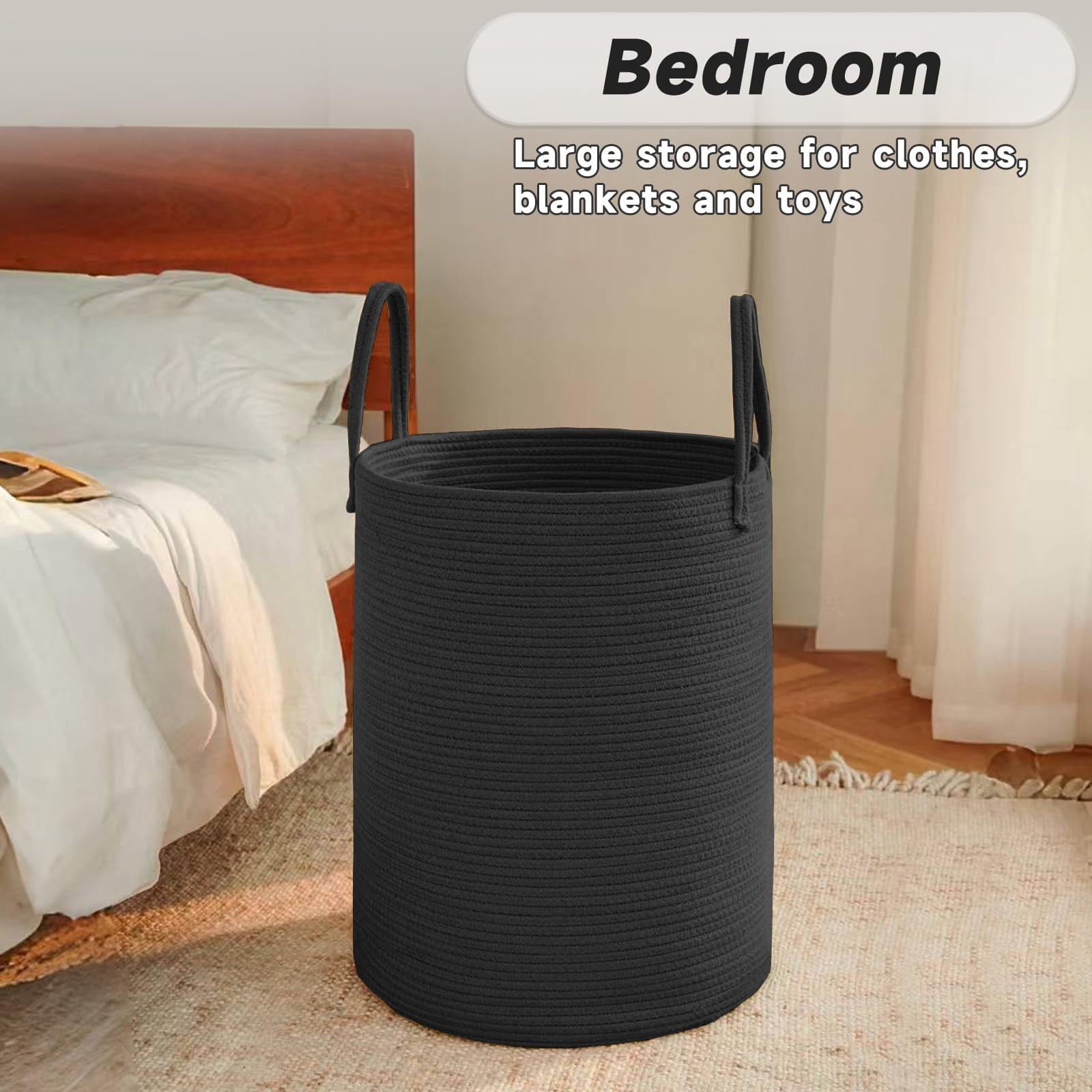 Large Woven Laundry Basket Hamper,60L Cotton Rope Storage Bin for Blankets,Toys and Clothes,Decorative Tall Nursery Hamper for Living Room,Baby Nursery,Bathroom and Bedroom
