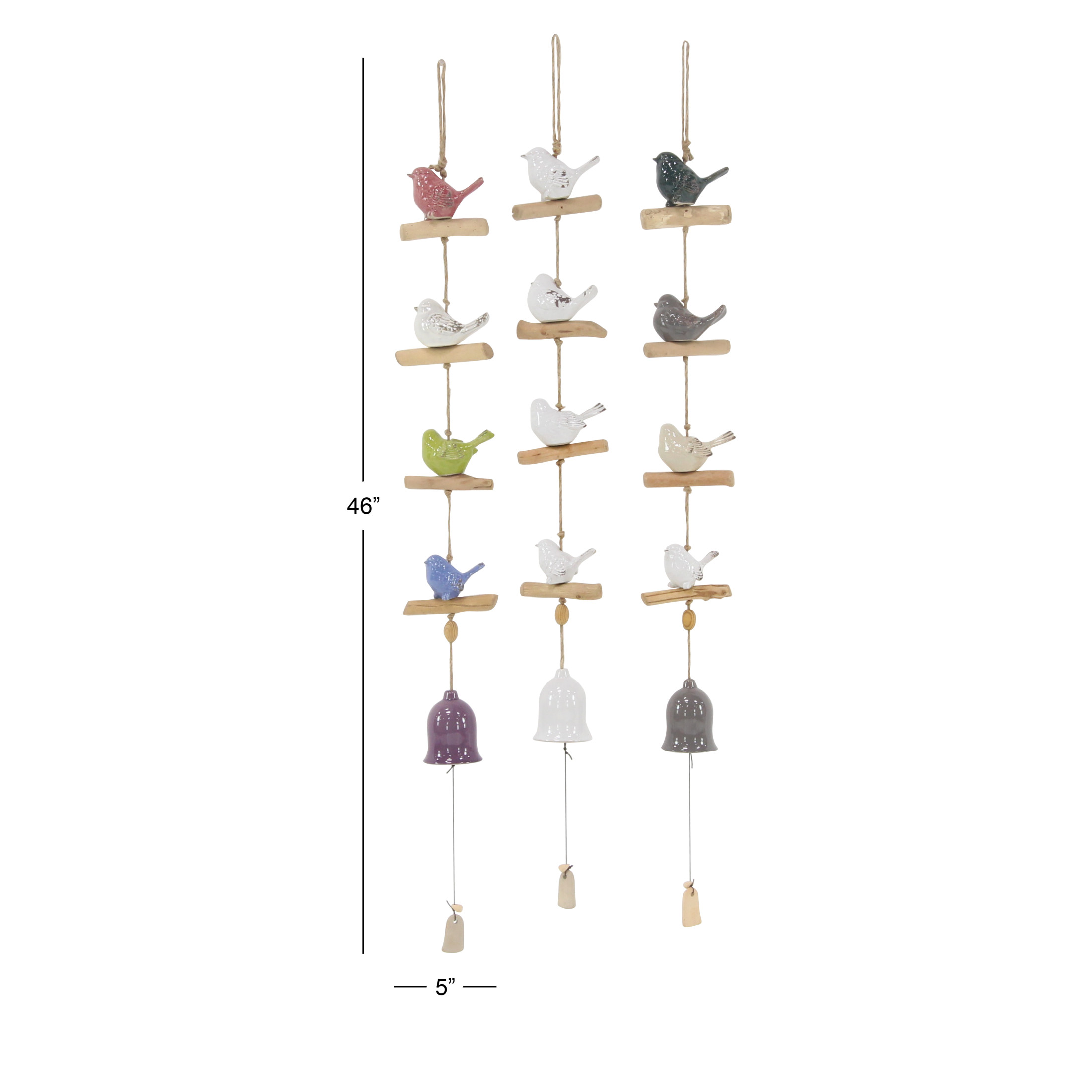 DecMode 46" White Ceramic Bird Windchime with Bells (3 Count)