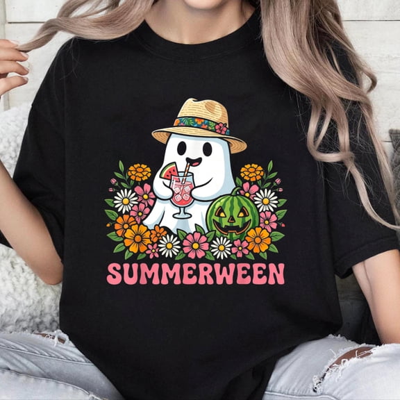 100% Cotton Unisex Retro Floral Summerween Ghost Halloween Summer 2026 T-Shirt