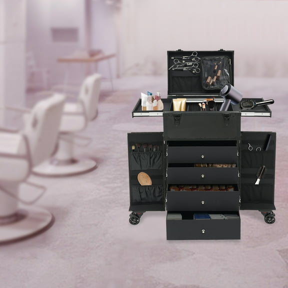 Peakora Professional Rolling Makeup Train Case Aluminum Cosmetic Case Makeup Organizer Travel Case Extra Large Trolley Makeup Travel Organizer with 360° Swivel Wheels & Adjustable Pull Rod Black