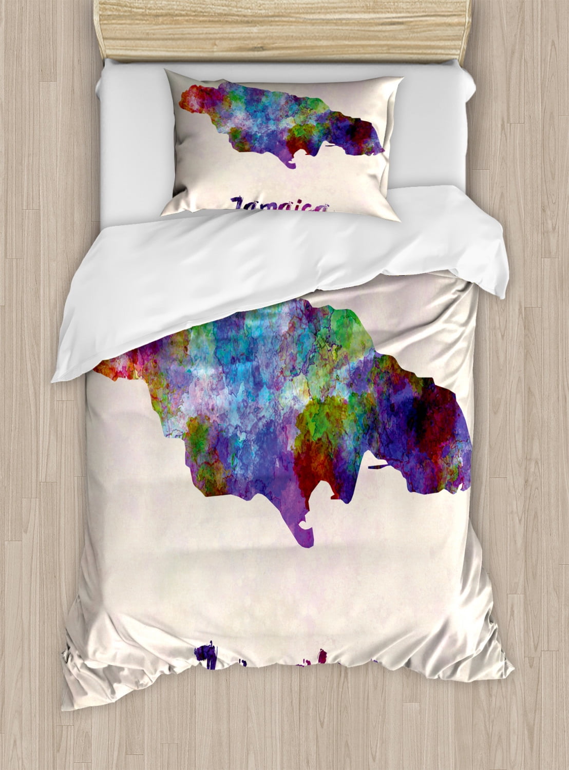 Jamaican Duvet Cover Set Twin Size, Abstract Watercolor Map of Jamaica