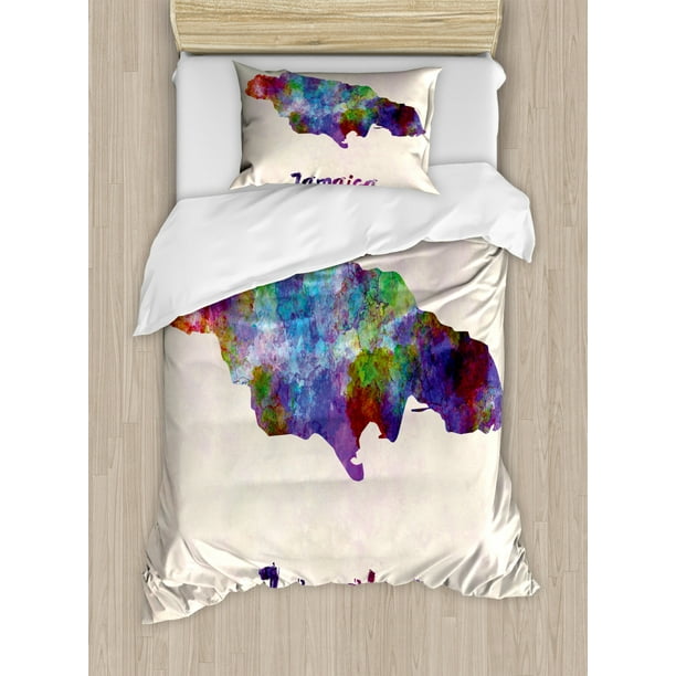 Jamaican Duvet Cover Set Twin Size, Abstract Watercolor Map of Jamaica