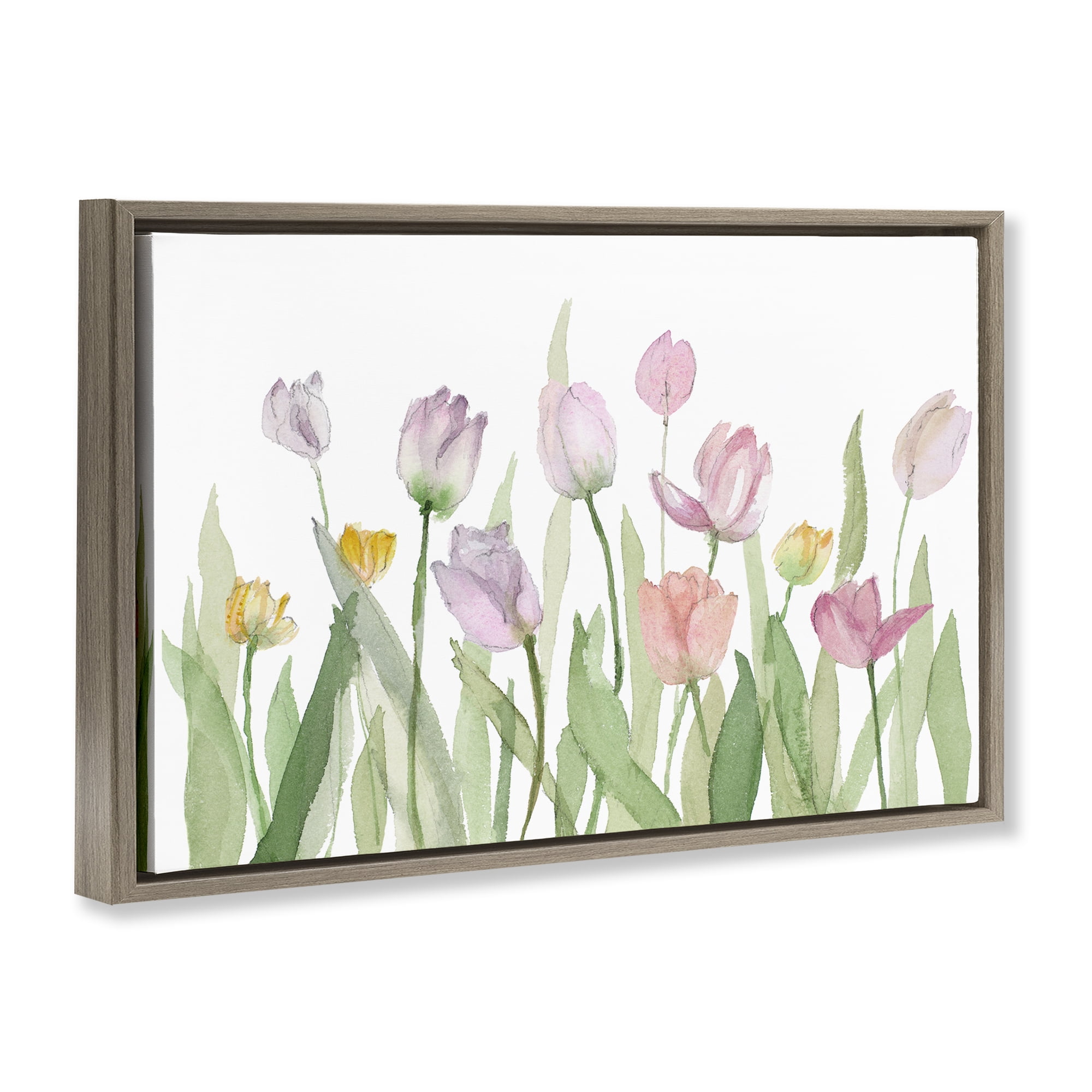 Stupell Industries Soft Pastel Tulips Plants & Flowers Painting Brown Floater Framed Canvas Art Print Wall Art, 25 x 17
