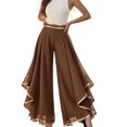 thumbnail image 2 of Women's High-Waisted Chiffon Palazzo Pants with Gold Trim - Tiered Ruffle Wide Leg Trousers, Flowy Boho Culottes for Summer Coffee M, 2 of 5