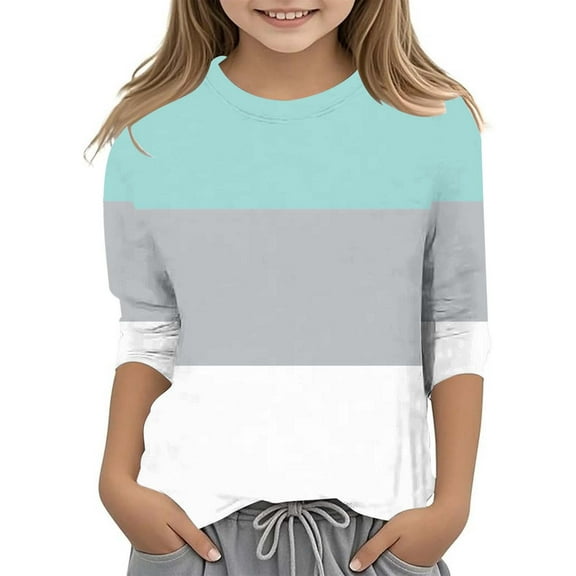 SNKSDGM Girls Girls Cute Tops 10-12 Trendy Cute Clothes for Teen Girls Summer Girls's Color Block Fashionable Versatile Round Neck 3/4 Quarter Sleeve Casual T Shirt Top 3-4 Years