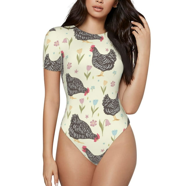 Bingfone Motif Poulet Drôle Justaucorps Col Rond pour Femmes, Bouton Pression Manches Courtes Justaucorps, Adapté pour Fête, Sports, Usage Quotidien-Moyen