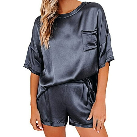 

YXGla Women Satin Solid Color Short Sleeve Top Shorts Nightwear Pajama Set for Bathroom