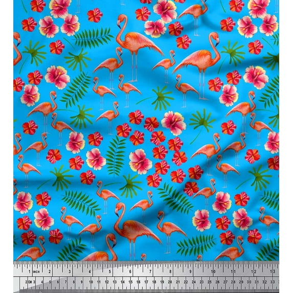 Soimoi Cotton Cambric Fabric Leaves,Floral & Flamingo Bird Print Sewing Fabric Yard 56 Inch Wide