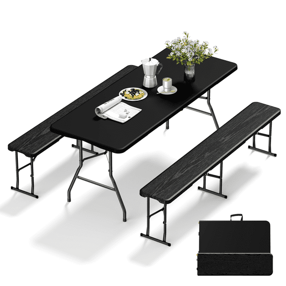 OROFULL 6FT Folding Picnic Table and Bench Set with HDPE & Steel Frame for Indoor Outdoor Dining Camping Party Patio,Black