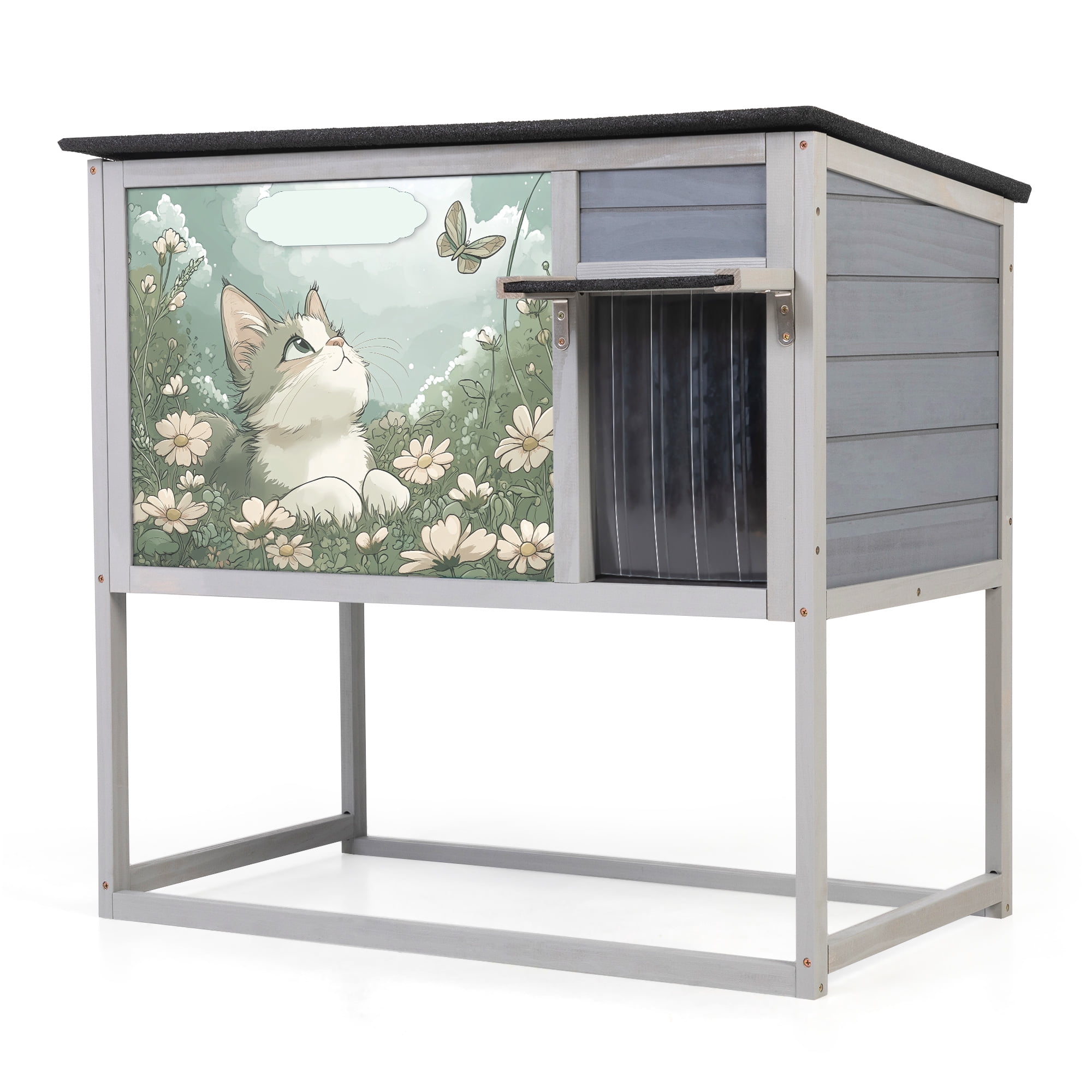 Weatherproof Outdoor Cat House, Elevated Feral Cat Shelter with High Legs, Curtained Door, Escape Door, Openable Top, Gray with Patterned Panel