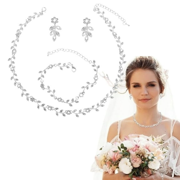 3 Pcs Silver Crystal Alloy Set, Flower-Inspired Rhinestone Necklace Earrings Bracelet, Formal Bridal Jewelry for Wedding Engagement Prom Christmas Gift