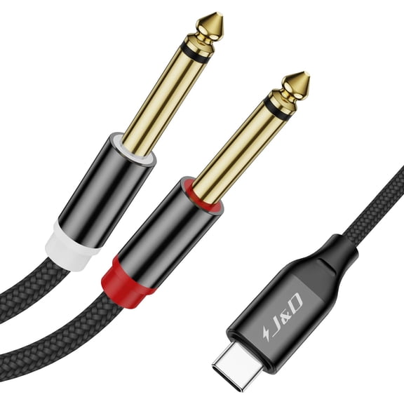 J&D 3.3ft USB-C to Dual 6.35mm Stereo Splitter Y Cable – Compatible with Smartphones, Tablets, Laptops, Amps
