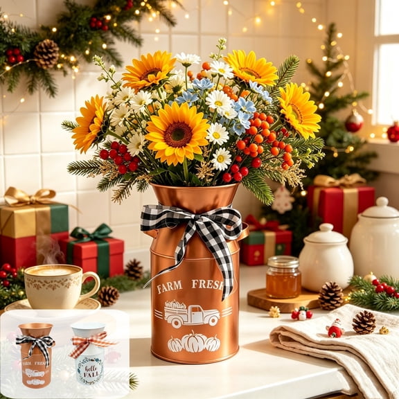 AYktou Metal Milk Can Jug, Christmas Farmhouse Flowers Vases, Galvanized Farmhouse Fall/Winter Themed Bucket with Handle, Vintage Chic Classy Designed Metal Vase for Dried Floral Table Centerpiece