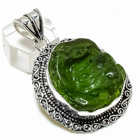 Natural Moldavite Quartz Gemstone 925 Sterling Silver Jewelry Pendant 2.17"