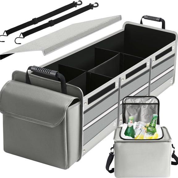 Car Trunk Organizer,115L Heavy Duty Collapsible Trunk Storage, with Insulated Leakproof Cooler Bag Vehicle Cargo Organizer with Lid, 3 Compartments, Straps For Car,Suv,Jeep,Sedan-Grey