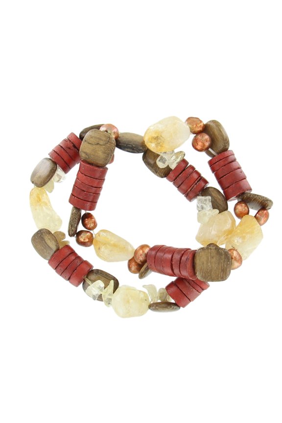 Mixed Materials Quartz Wood Natural Two Strand Stretch Bracelet Ladies Adult Female Women