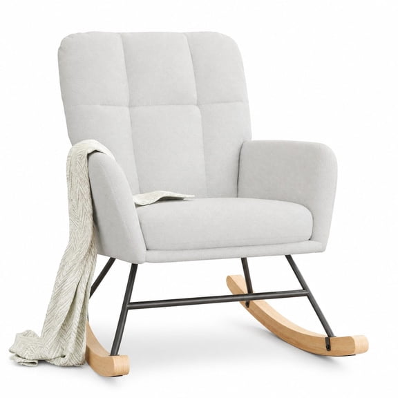 White Grey Upholstered Glider Rocker for Nursery, Padded Rocking Chair with Smooth Gliding Motion
