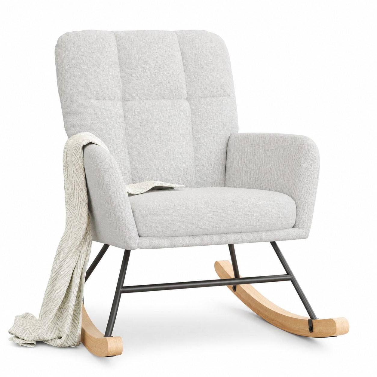 White Grey Upholstered Glider Rocker for Nursery, Padded Rocking Chair with Smooth Gliding Motion